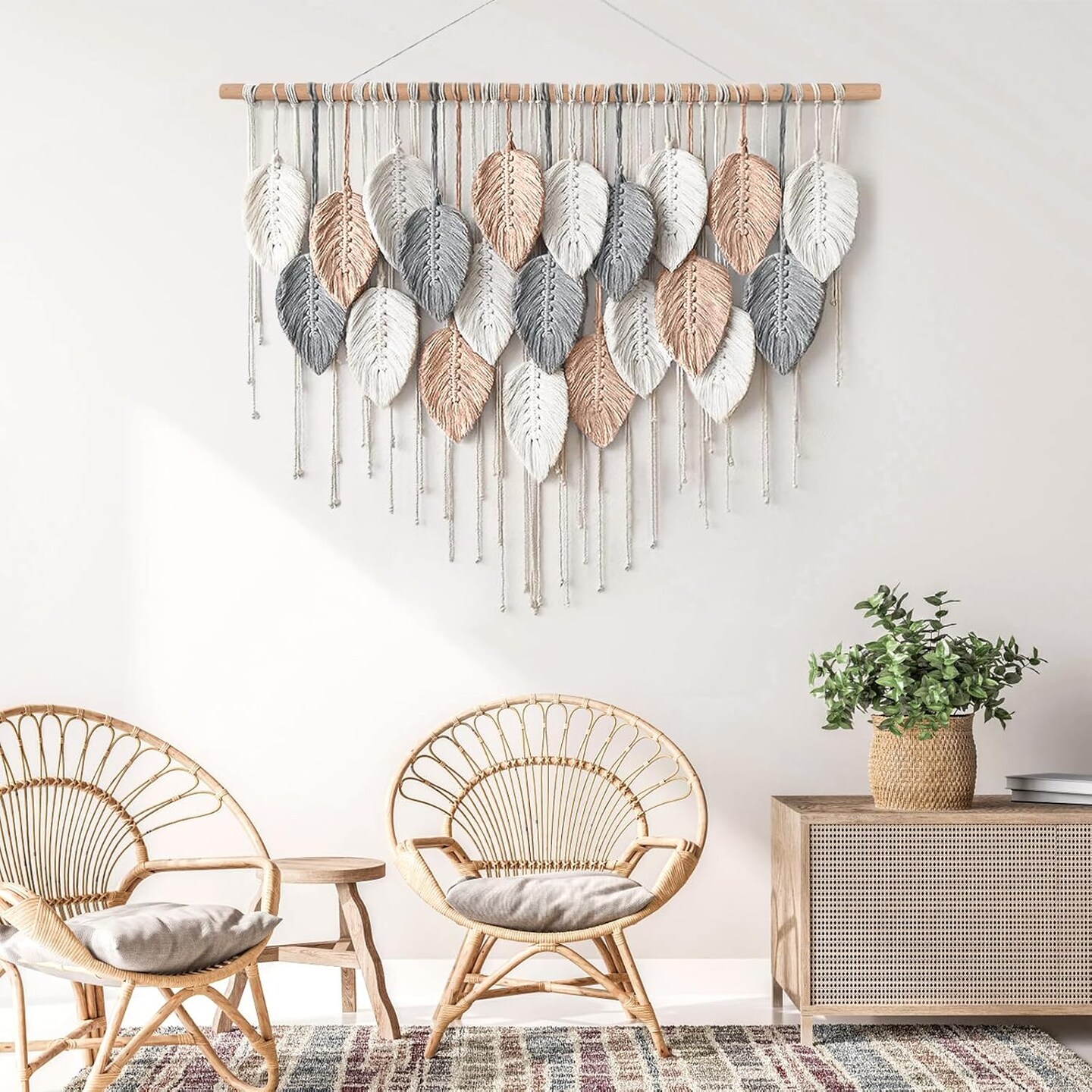 Large Macramé Wall Hanging – Boho Woven Tapestry, Handmade Leaf & Feather Design, Modern Bohemian Wall Art for Apartment, Dorm, Living Room, Bedroom, or Nursery, 39" W x 29.5" L