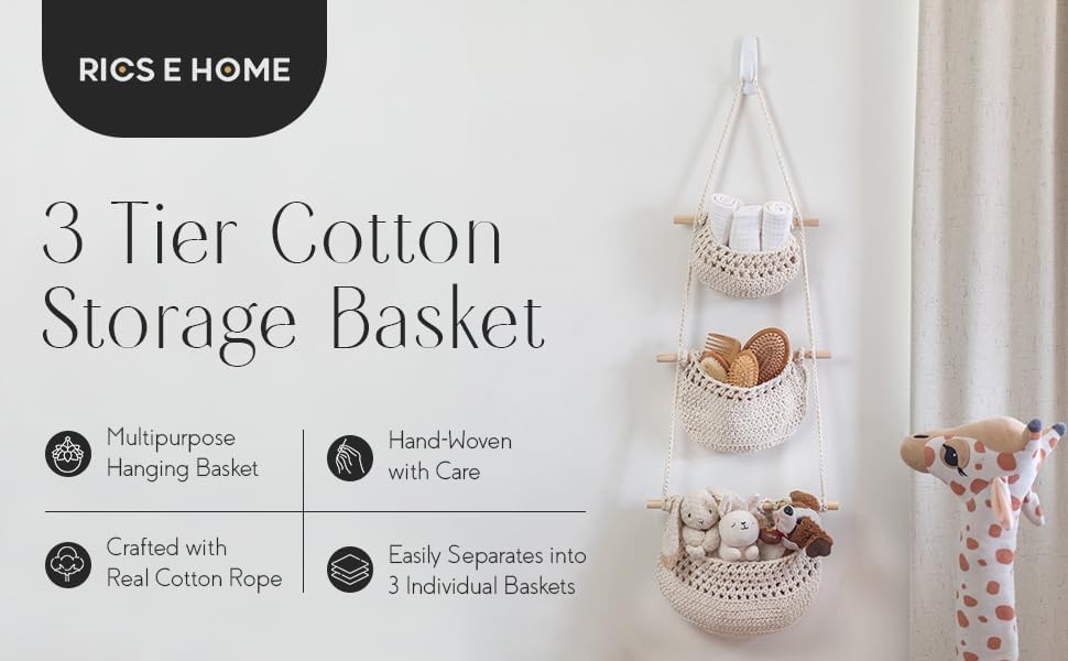 Cotton Fruit Basket, Handmade Hanging Fruit Basket 3 tier, Kitchen Storage, and Home Storage, Vegtable Wall Hanger, Macrame Decor (White)