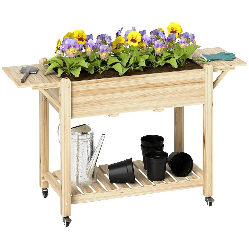 Wood Raised Garden Bed with Lockable Wheels, Side Tables, Bottom Shelf &#x26; Liner
