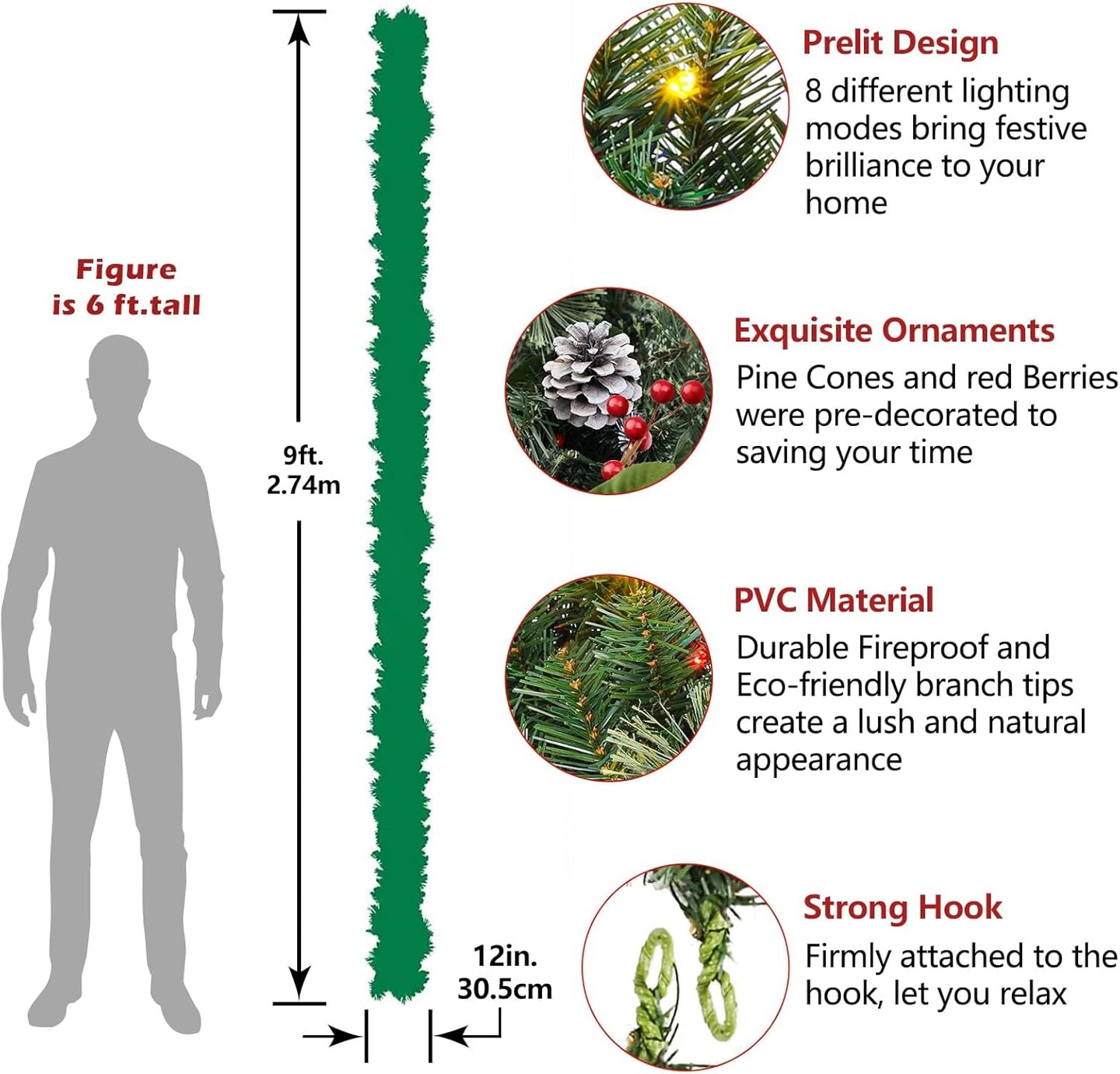 9FT Prelit Artificial Christmas Garland with Color Changing Lights and Timer