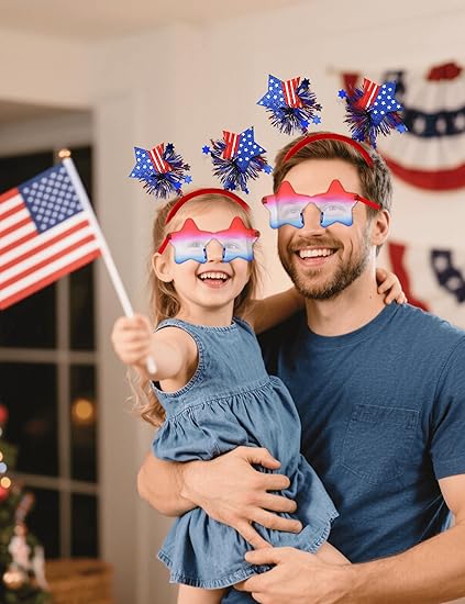 USA 4th of July Headband with Star Sunglasses – Patriotic Red, White & Blue Holiday Accessory for Independence Day Parties & Favors