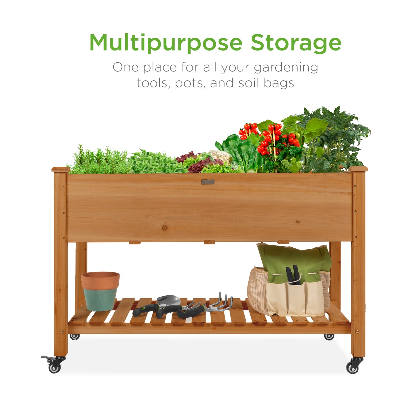 Best Choice Products Raised Garden Bed 48x23x32in Wood Mobile Elevated Planter w/ Wheel Locks, Shelf, Liner