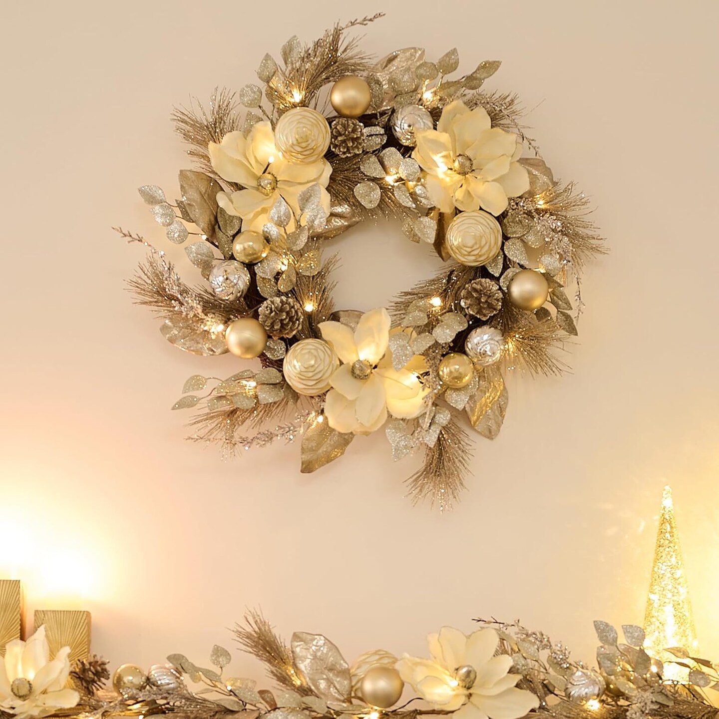 Pre-Lit Large Lighted Christmas Wreath for Front Door (White,Gold) 4&#x22;D x 24&#x22;W x 24&#x22;H