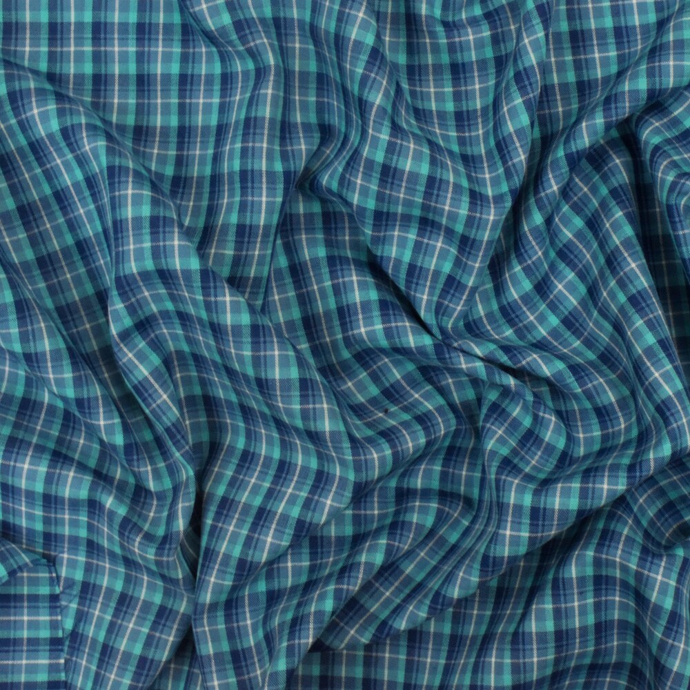 Navy Blue-Teal-Multi Plaid Cotton-Polyester Madras Woven Fabric By the Yard