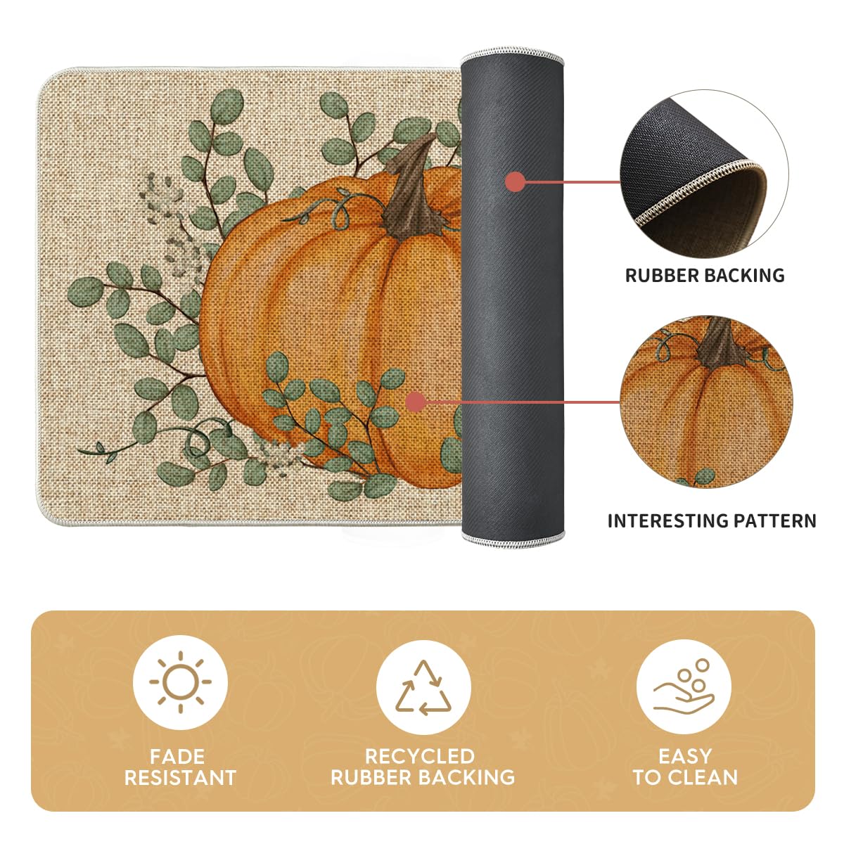 Artoid Mode Orange Pumpkin Eucalyptus Fall Kitchen Mats Set of 2, Autumn Home Decor Low-Profile Kitchen Rugs for Floor - 17x29 and 17x47 Inch