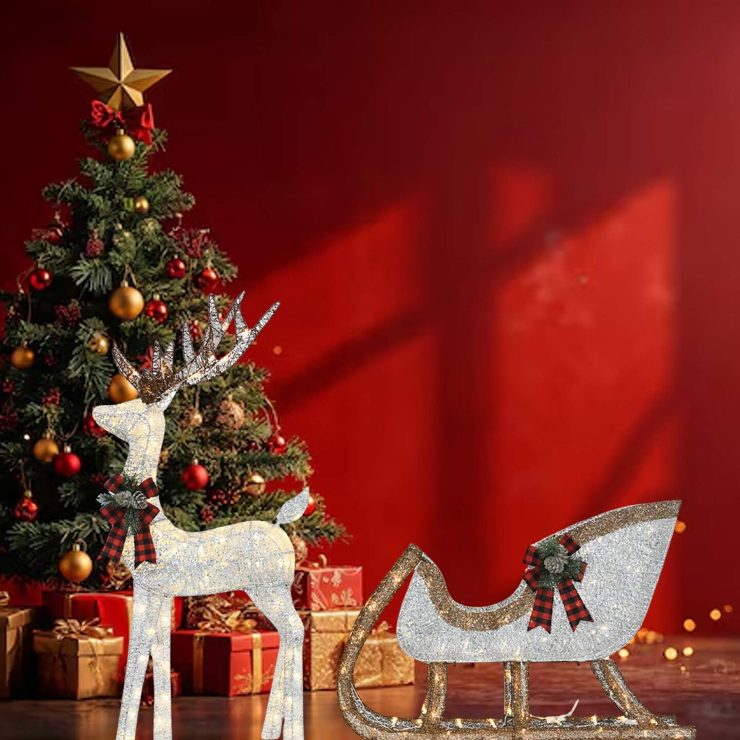 48" Silver Deer & 38" Sleigh Set Pre-Lit Holiday Yard Decoration