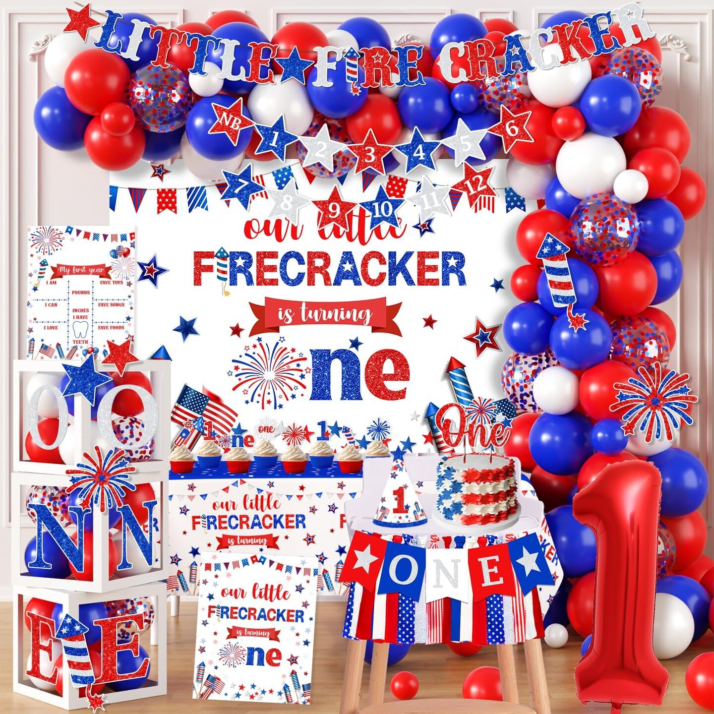 4th of July Birthday Decorations, Little Firecracker First Birthday Party Supplies Backdrop Balloon Box Cake Cupcake Topper Tablecloth for Baby Shower Memorial Day Independence Day Decorations