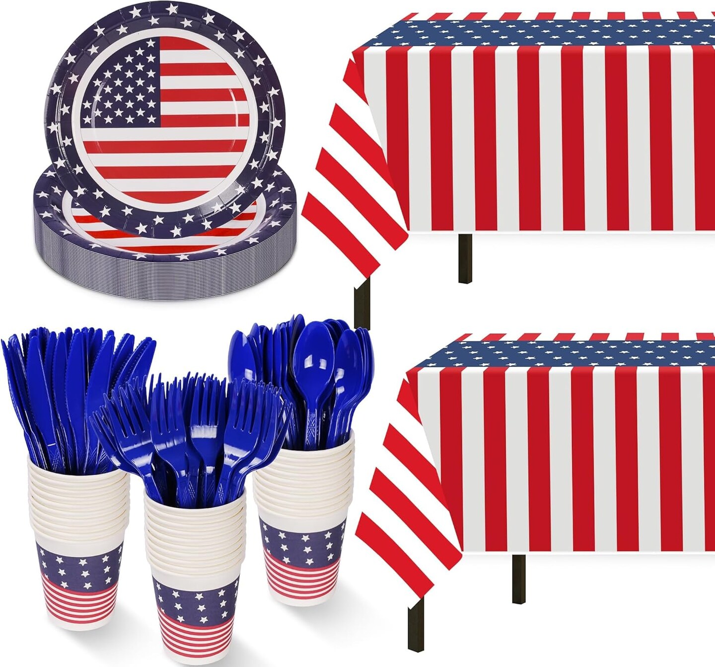 Patriotic Party Supplies Set, 152-Piece American Flag Decorations with Tablecloth, Plates & Cups – Red, White and Blue Decor for 4th of July, Memorial Day, Outdoor Picnic