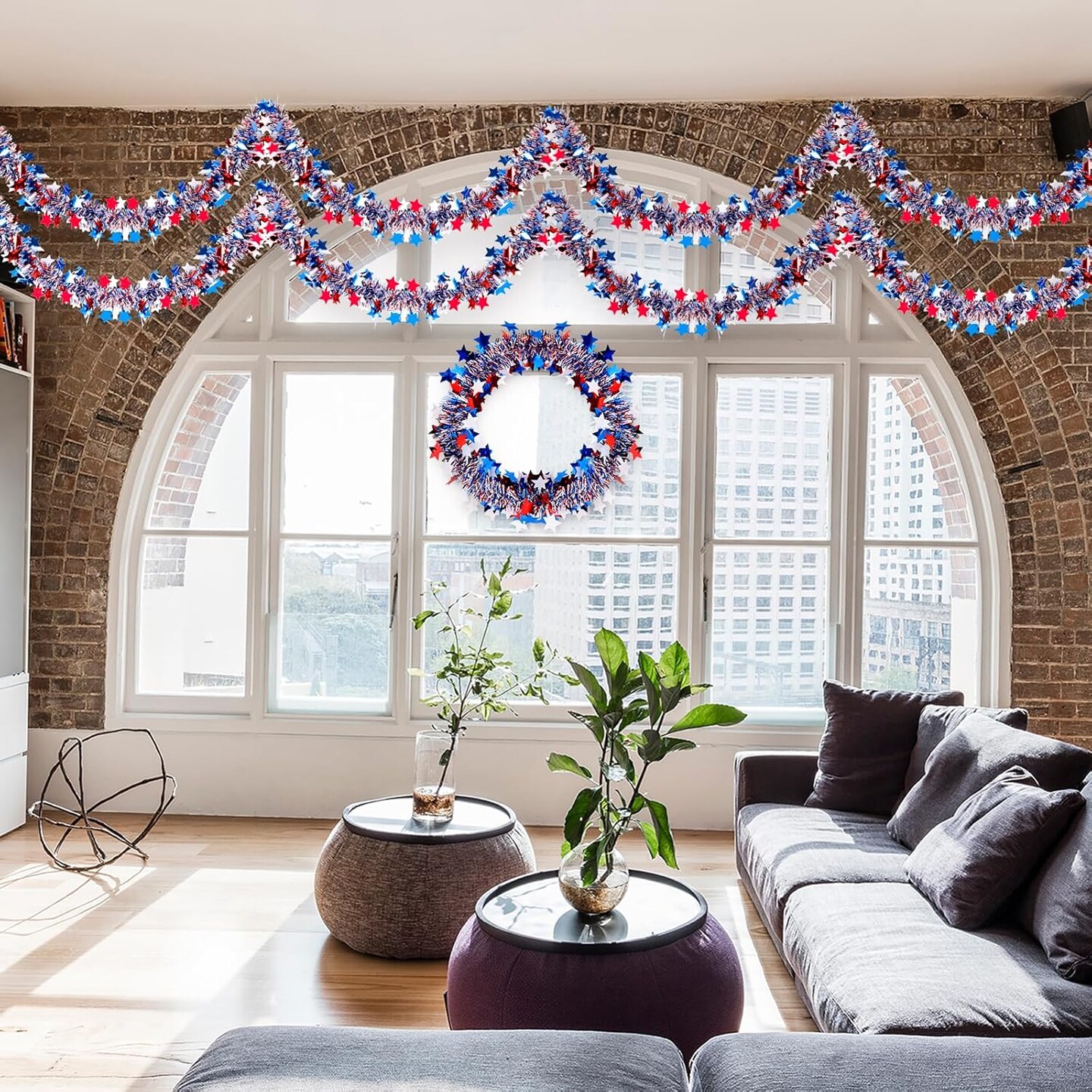 59.06 ft (9-Piece) 4th of July Tinsel Garland Decorations, Red White & Blue Patriotic Fringe Decor for Independence Day, Memorial Day, and Party Supplies