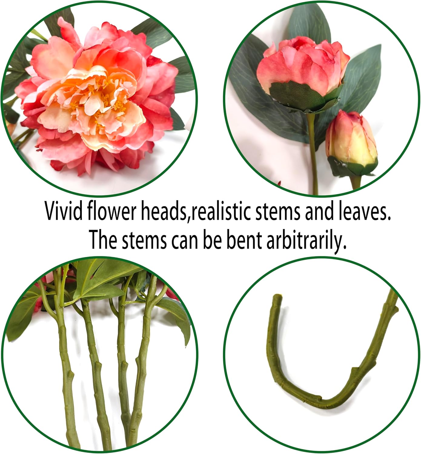 Coral Pink Peonies Artificial Flowers,4 Pcs Fake Silk Peonies with Stems Real Look,Peony Bush for Home Decor (4, Coral Pink)