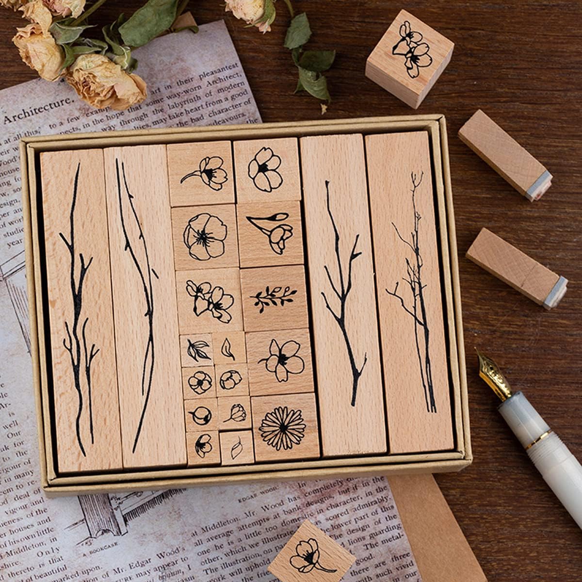 Wooden Rubber Stamps Set Vintage Decorative Mounted Rubber Stamp Plant Flower Animal Pattern DIY Wood Rubber Stamp