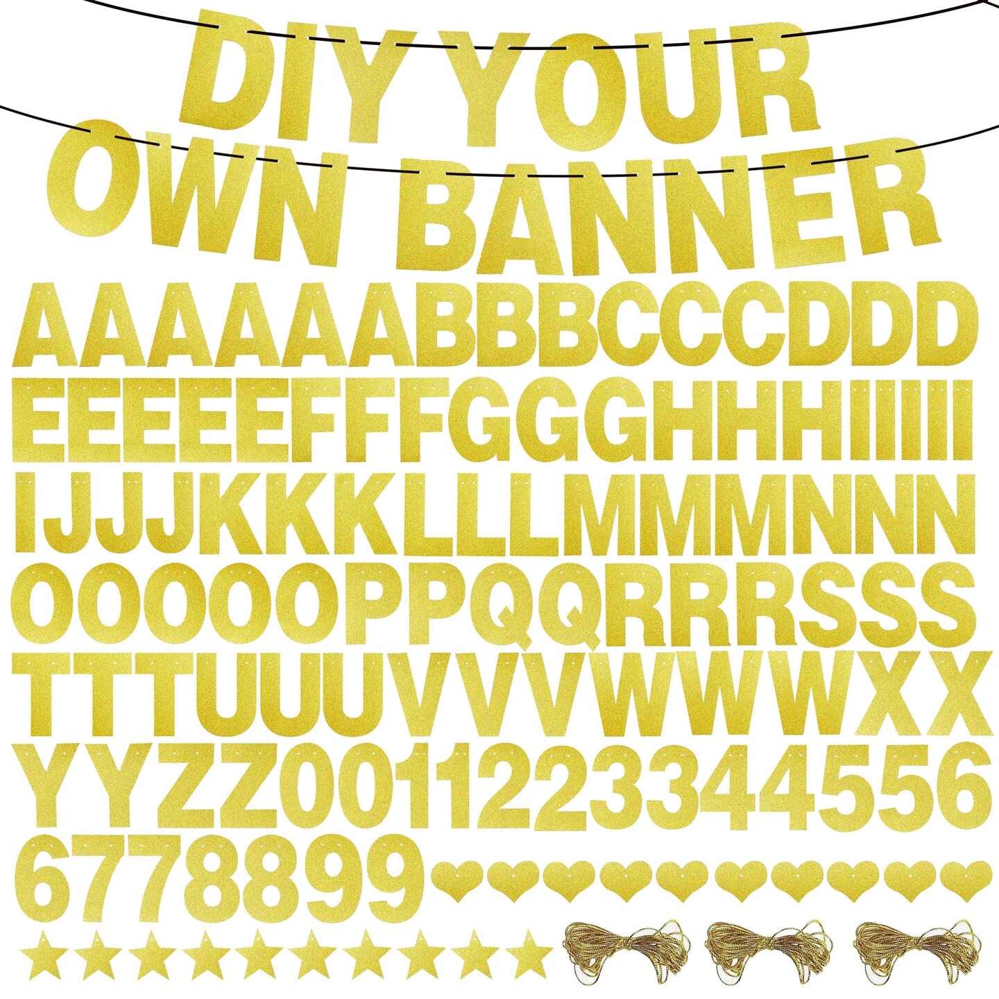 126 Pieces Make Your Own Banner Kit - DIY Banner with Gold Glitter Letters A-Z, Numbers 0-9, Hearts, Stars, and 3 Strings