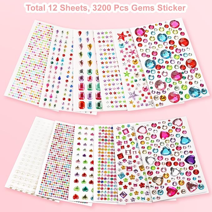 Gem Stickers, 3200pcs Rhinestone Stickers Jewels for Crafts, Self Adhesive Rhinestone Jewel Stickers, Assorted Shapes Acrylic Gems Stickers, Stick on Gems for DIY, Craft Supplies for Kids