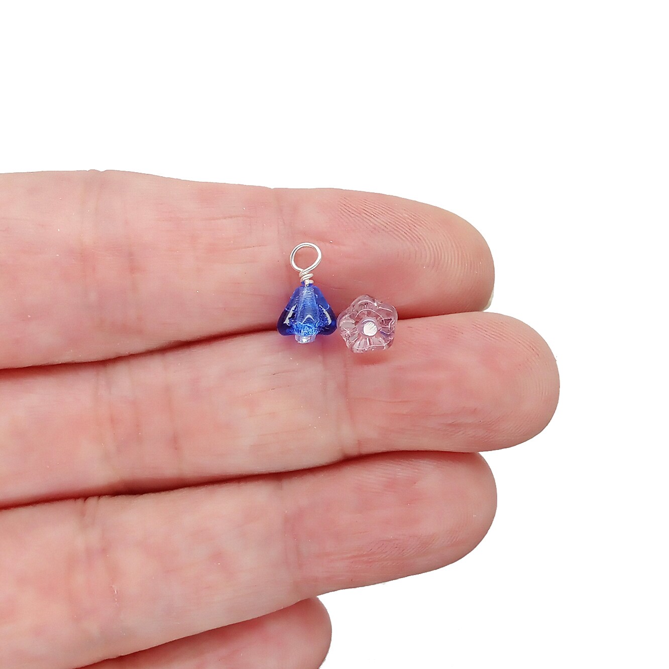 Tiny Glass Flower Dangle Charms, 14 pc, Pairs of Blue Green & Purple, Adorabilities