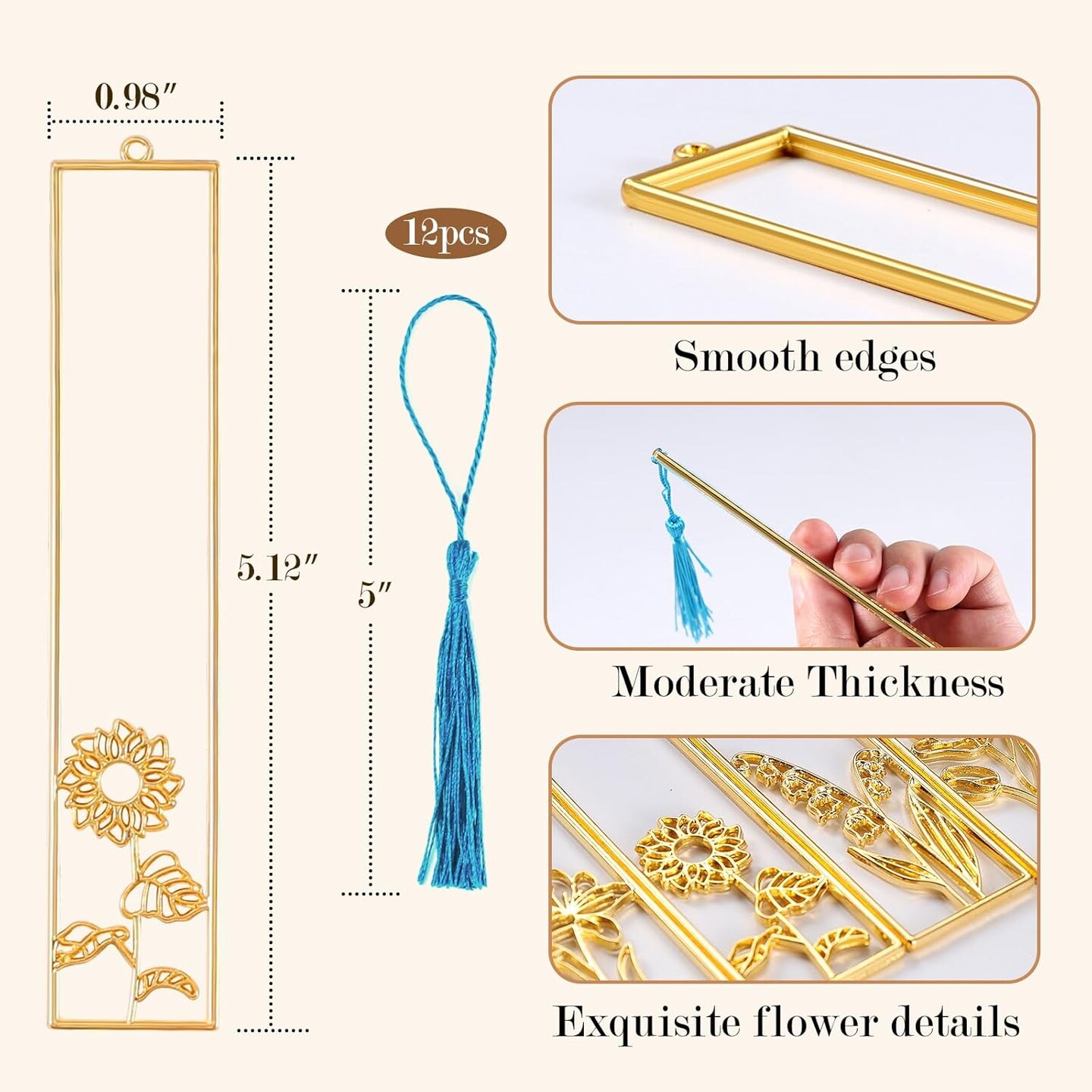 LET&#x27;S RESIN 12pcs Bookmark Bezels with Tassels, UV Resin Molds for DIY Bookmarks(6 Flowers and 6 Blank Frames), Resin Craft Bezels Bookmark Molds for Mother&#x27;s Day Gifts
