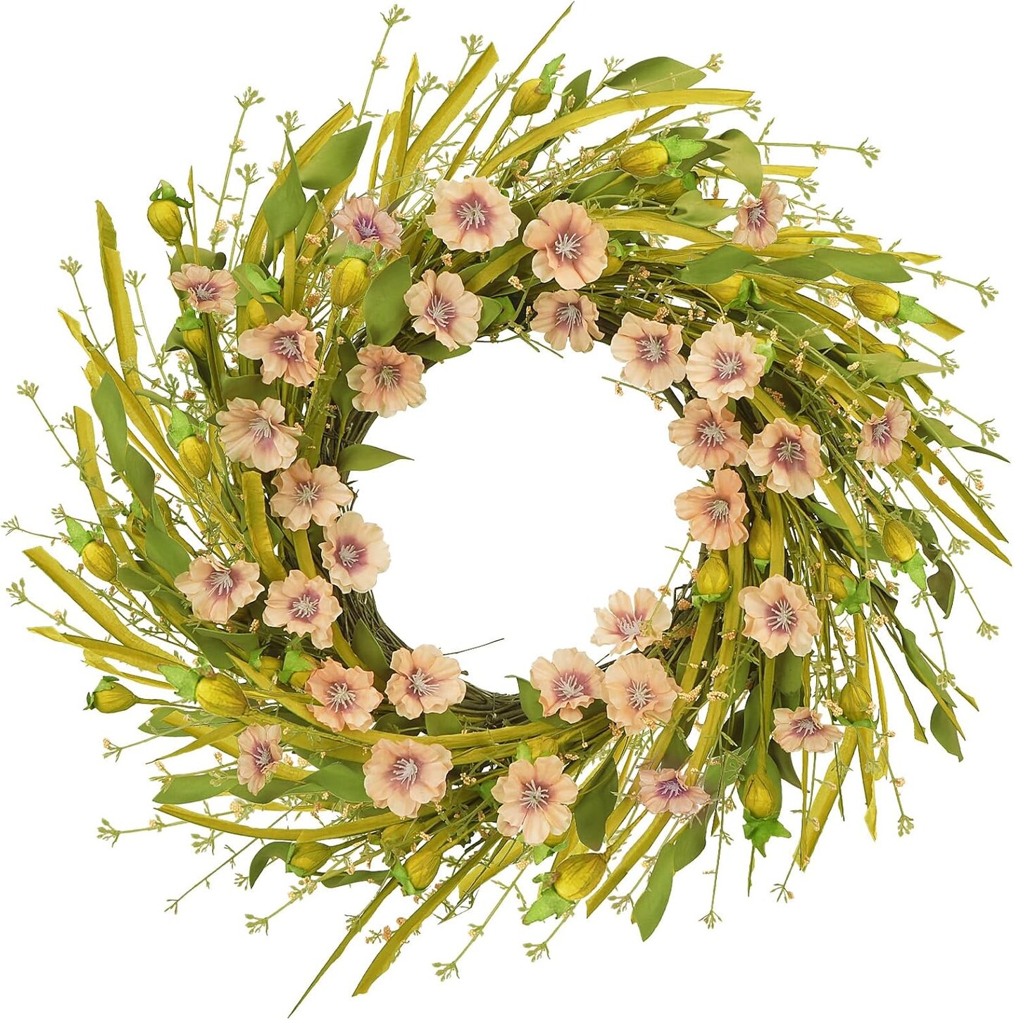 26 Inch Summer Champagne Daisy Wreath for Front Door with Freesia, Baby&#x27;s Breath Floral Wreath for Indoor Outdoor, Home Door Wall Window Wedding Party Festival Decorations