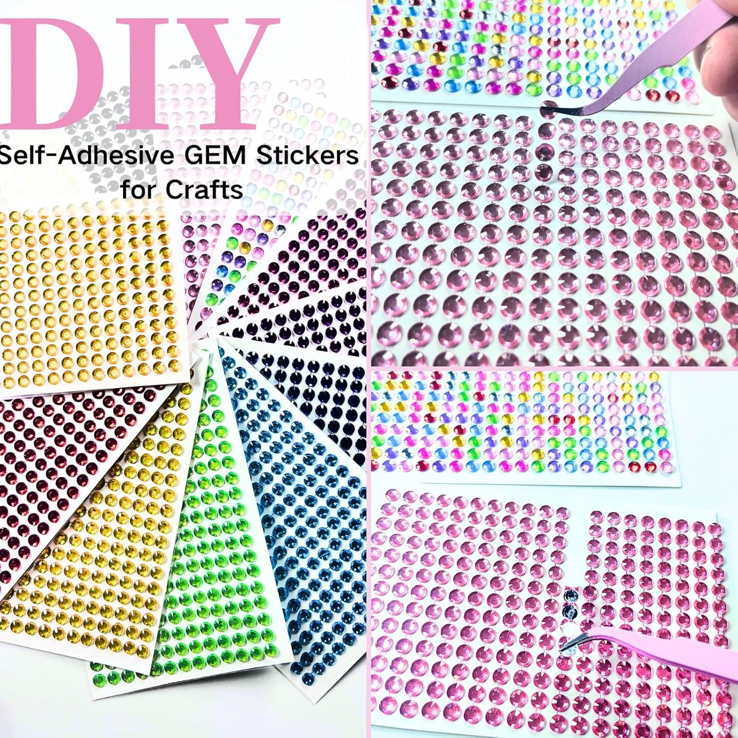 Self-Adhesive Rhinestone Stickers Gem Stickers, 3640 PCS Sparkling Gemstones Self-Adhesive Colored Half Round Beads for Facial Makeup Nail Art DIY Scrapbook 6mm