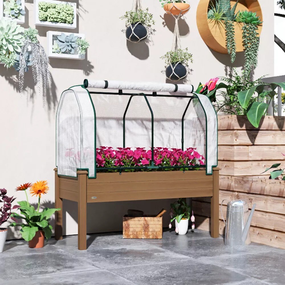Outdoor Wooden Raised Garden Bed with PE Greenhouse Cover