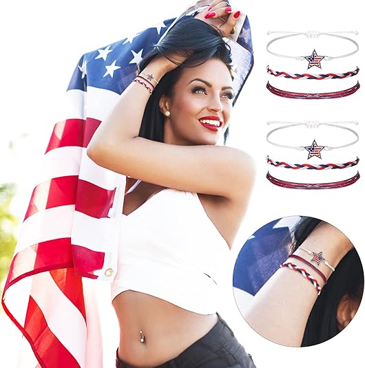 4 Sets 4th of July Bracelets Independence Day Favors Red White Blue Bracelets Bit Charm Handmade String Bangle Patriotic Jewelry Supplies Gifts for Christmas Gift