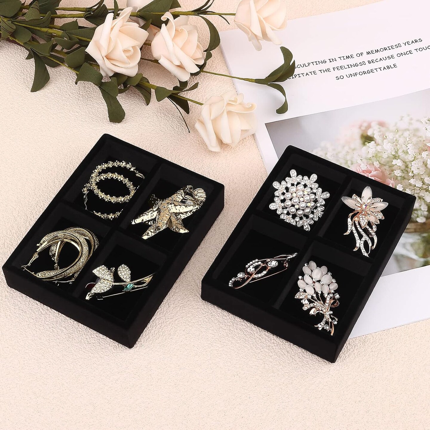 2-Pack Small Jewelry Trays – Premium Velvet Ring & Earring Display Inserts for Jewelry Boxes, Drawers, and Dressers (4 Grids, Black)