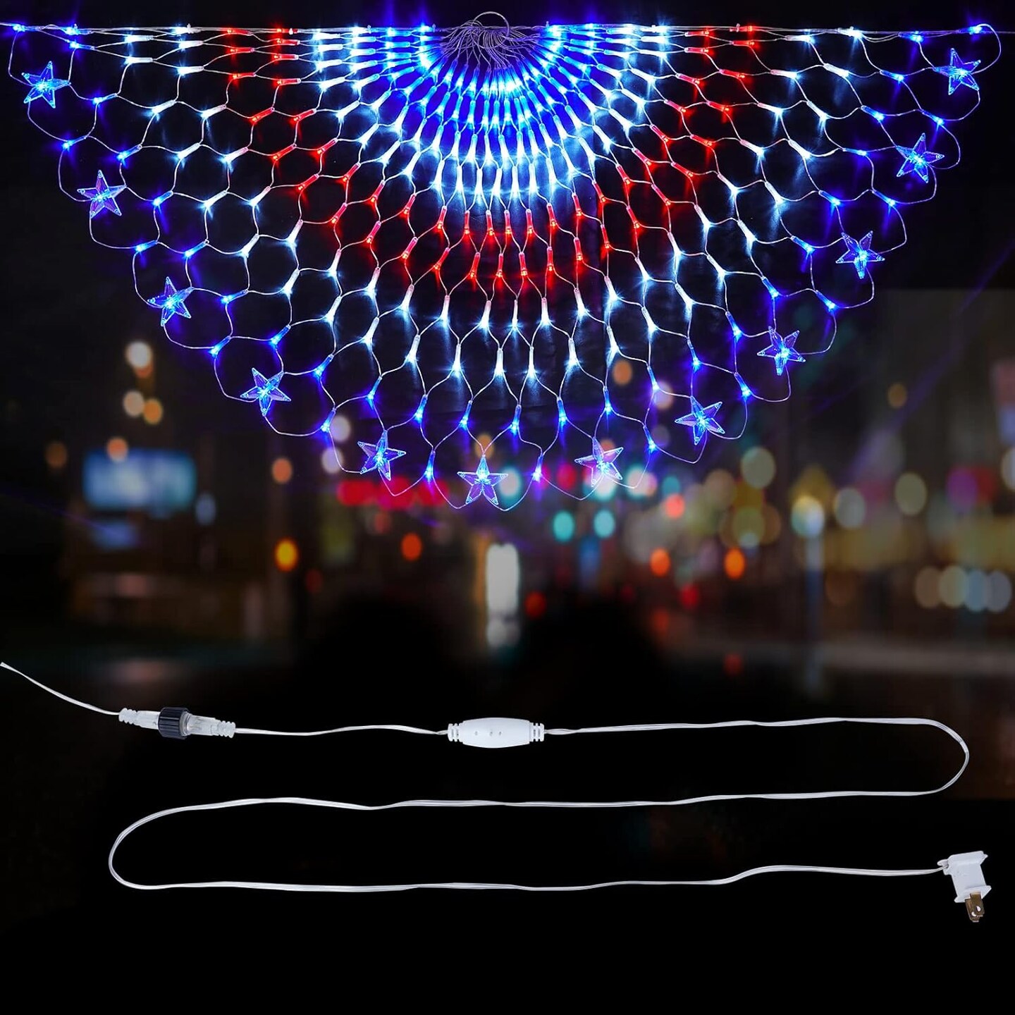 Family Patriotic American Flag String Lights - 250 LED Half Fan Shaped Outdoor Waterproof Lights, 4th of July Decorations, Independence Day, Memorial Day, USA 2pcs