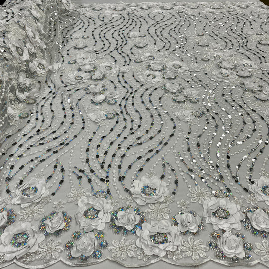 1 Yard Beaded Sequined 3D Floral Lace Fabric Embroidered 100 Percent Polyester Net Mesh 52 inch Width