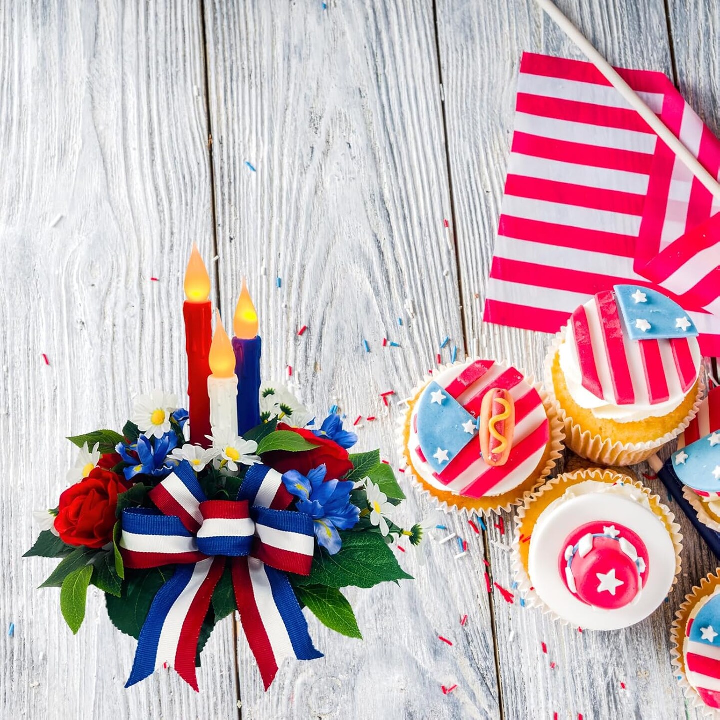 4th of July Decorations,Patriotic Floral Arrangement Centerpiece for Table, Red White and Blue Fake Flowers Fourth of July Taper Flameless Candles for Independence Day Home Decor