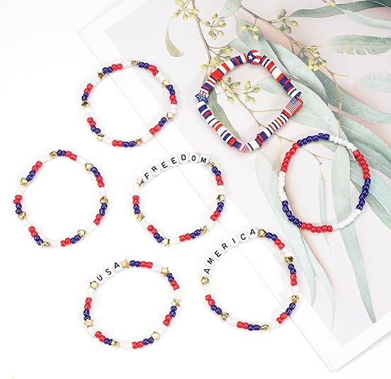 4th of July Bracelets for Women Girls America Flag Bracelets USA Red White and Blue Patriotic Stretchy Stackable Beaded Heishi Bracelet Gifts Independence Day Jewelry