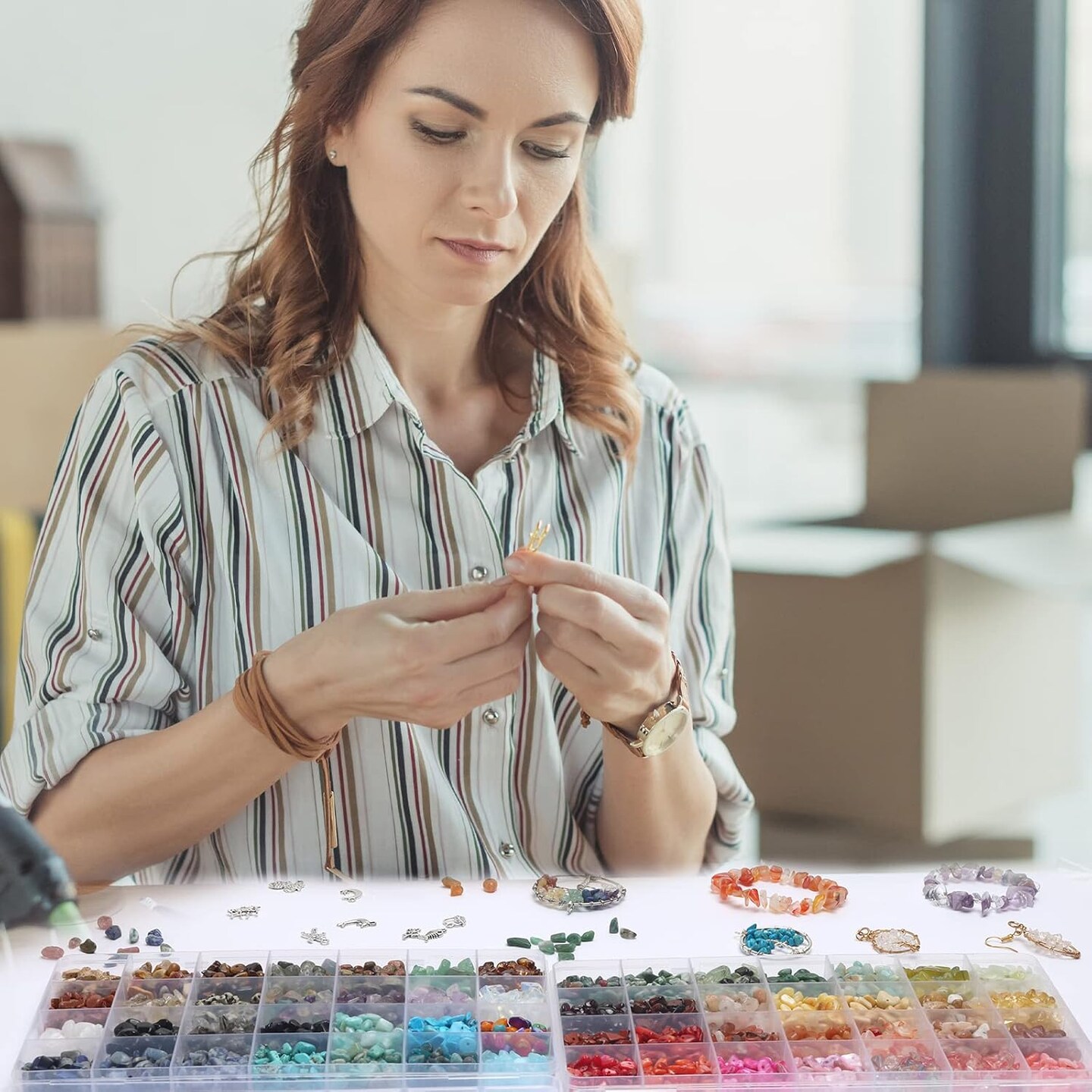 1800pcs 56 Colors Crystal Beads, Ring Making Kit, Gemstone Chip Beads Irregular Natural Stone with Jewelry Making Supplies for DIY Craft Bracelet Necklace Earrings