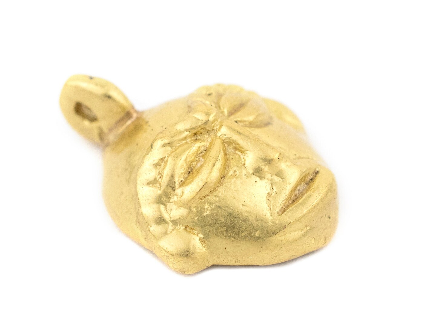 The Bead Chest Round African Bright Brass Mask Pendant 21x27mm Ghana Handmade