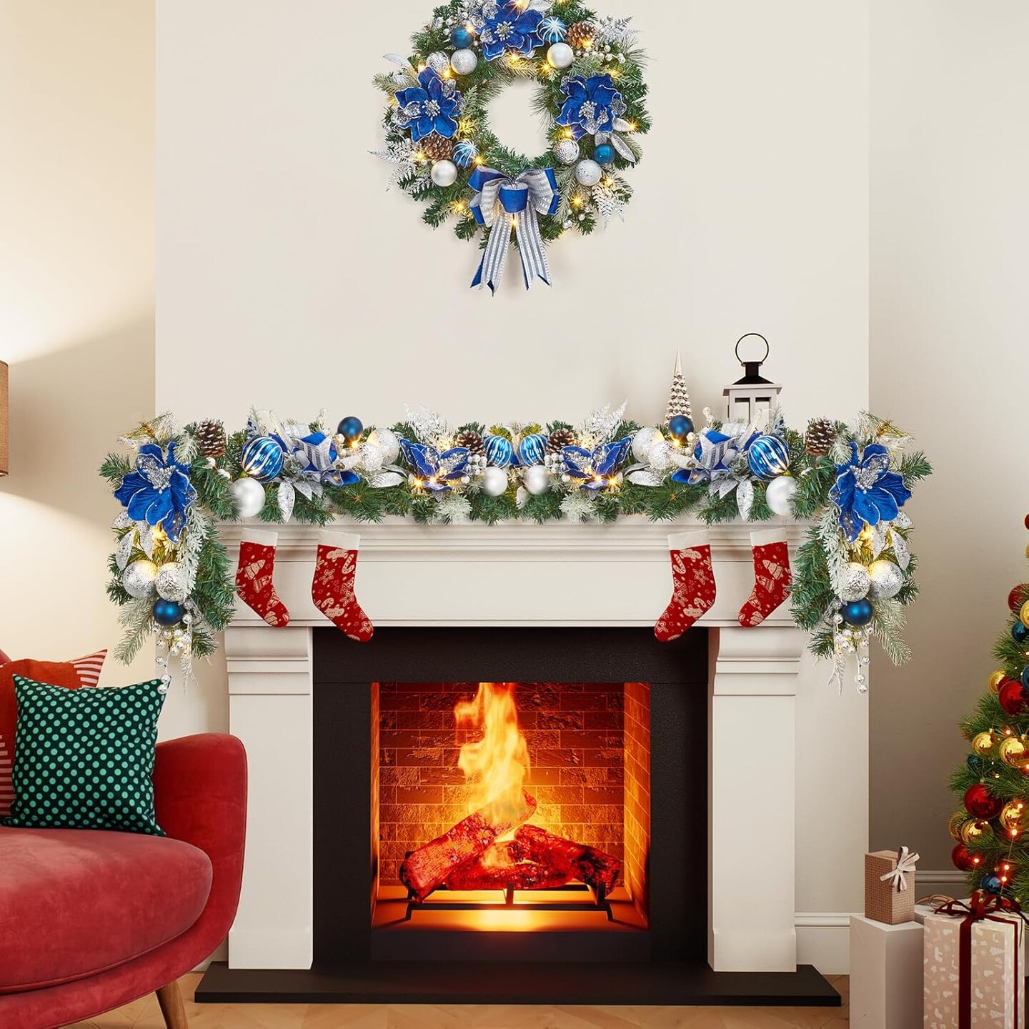 6ft Prelit Christmas Garland with Lights (Blue Silver)