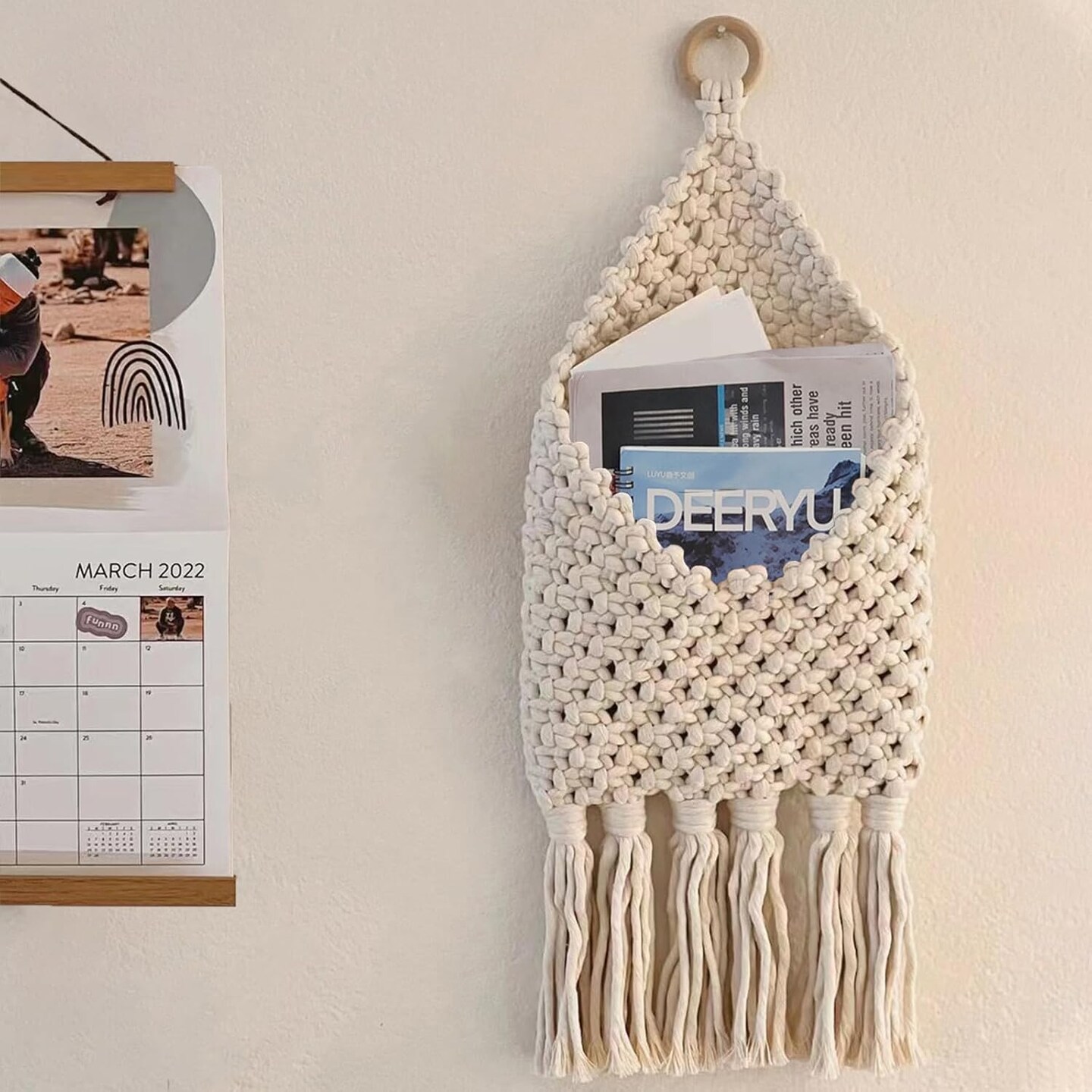 Macrame Wall Mounted Mail Organizer – Handmade Woven Hanging Basket for Boho Home & Office Décor, Over-the-Door Key, Letter, Envelope & File Holder for Entryway or Hallway, White