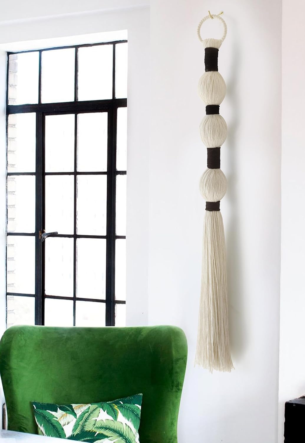 Boho Macrame Wall Hanging – Small Cotton Tassel Fiber Art for Living Room & Bedroom, 27" x 2.3"