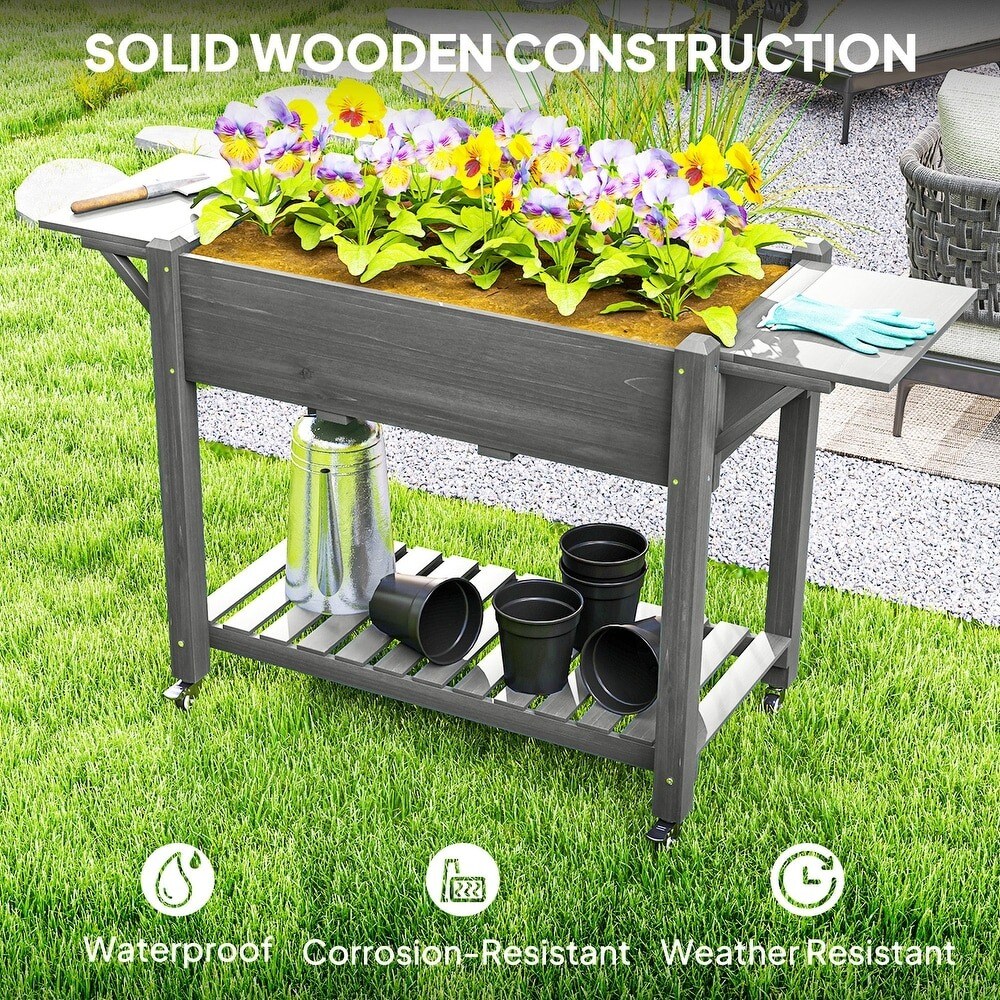Wood Raised Garden Bed with Lockable Wheels, Side Tables, Bottom Shelf & Liner