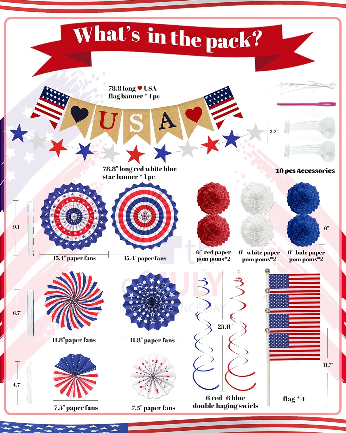 30-Piece Patriotic Decorations Set, LOVE USA Banner, American Flag Paper Fans and Pom-Poms, Red White & Blue 4th of July, Veterans Day, Labor Day, Memorial Day Indoor & Outdoor Party Decor