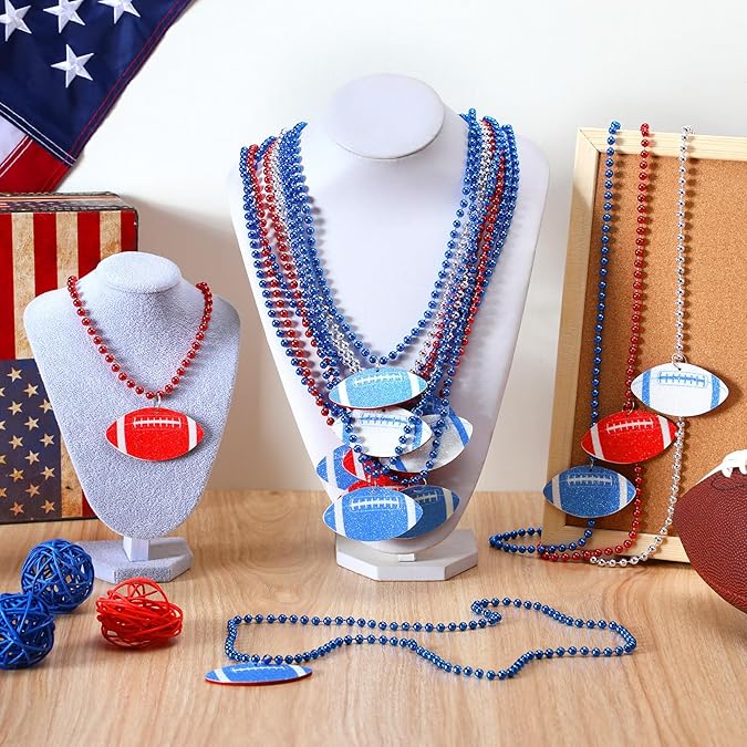 24 Pcs Football Mardi Gras Beads Decoration Necklace Glitter Throws Bulk Football Pendant Beads Necklaces for Decorations