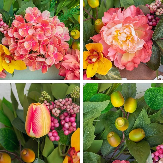 Spring Wreaths for Front Door 24 Inch Outdoor Spring Wreath with Welcome Sign, Vibrant Summer Floral Wreath with Pink Peony Hydrangeas Dahlias Tulips Flower for Wall Window Home Door Décor