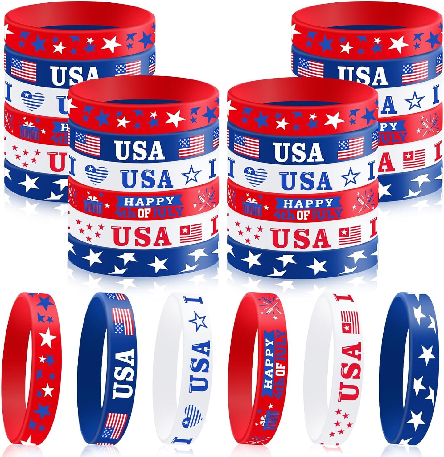 30 PCS 4th of July Bracelets, Red White and Blue Patriotic Rubber Bracelets&#xFF0C;American Flag Silicone Wristbands for Independence Day Party Supplies