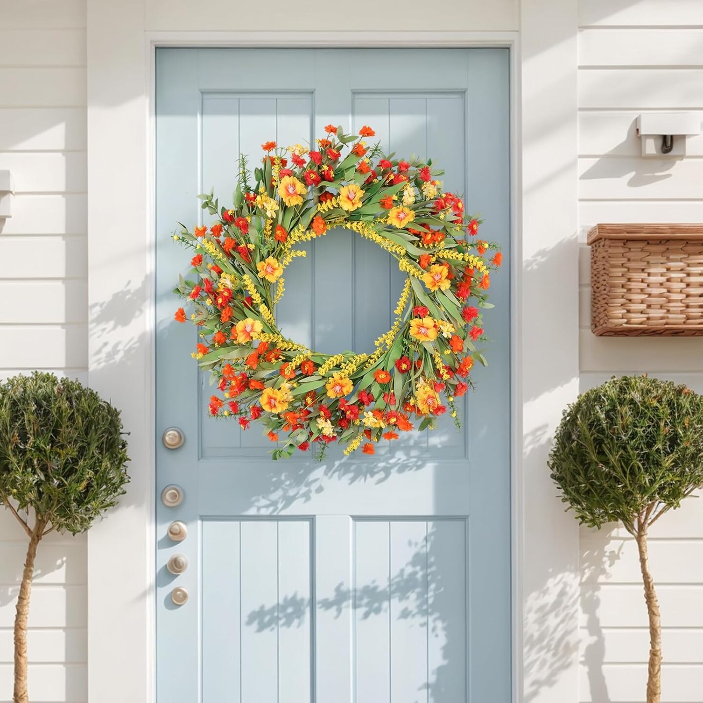 26" Spring Wreaths for Front Door Artificial Floral Wreath with Wildflowers Portulaca Easter Summer Decorations for Indoor Outdoor Window Wall Farmhouse Home Front Porch Decor Red and Yellow