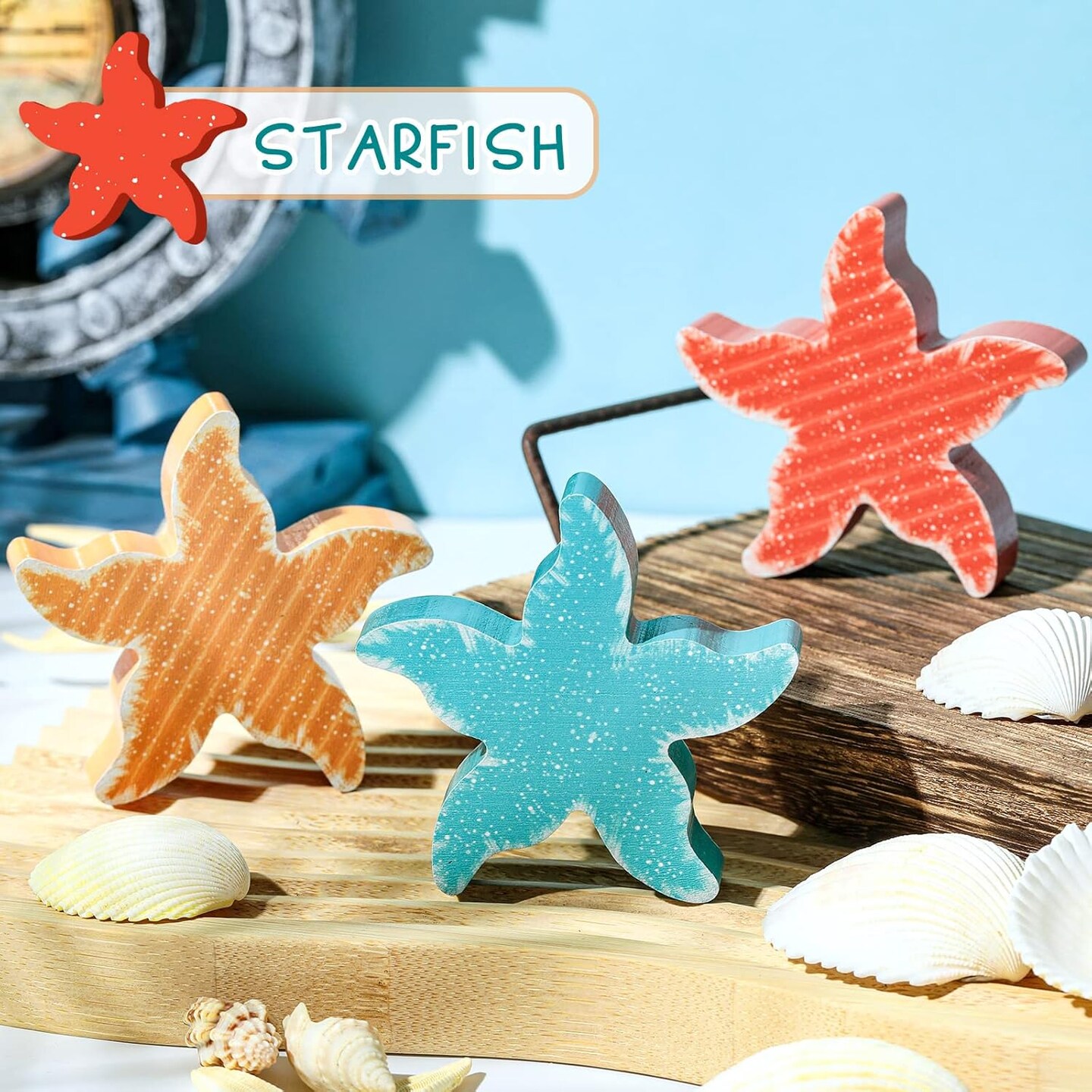 3 Pcs Ocean Beach Tabletop Decor Items Mini Summer Wooden Sign Set Farmhouse Rustic Wood Decorative Nautical Baby Shower Decorations for Home Office Bedroom Table Shelf Desk (Starfish)