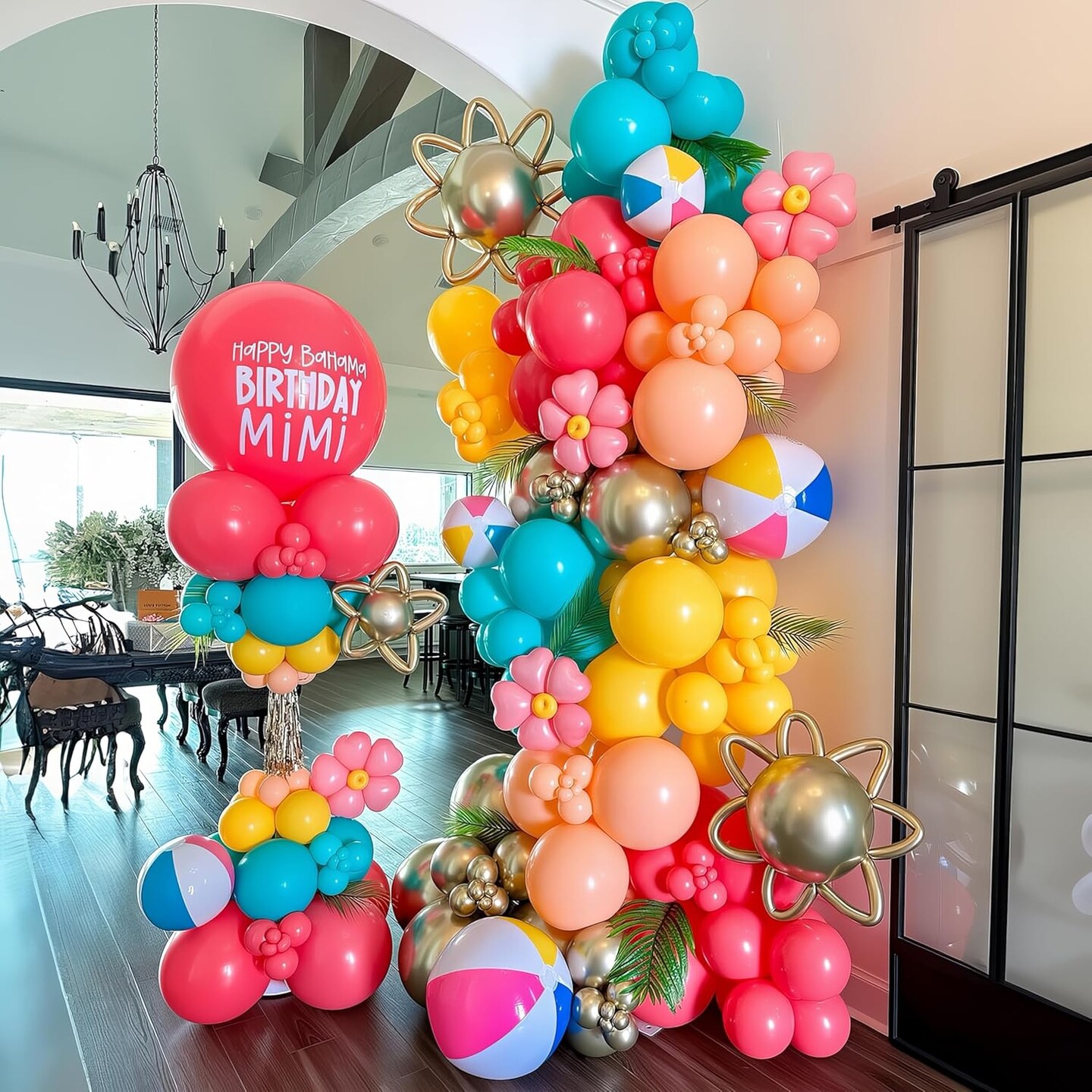 Summer Tropical Balloon Arch Garland Kit – Iridescent Star Balloons, Transparent Balloons, Teal, Pastel Pink, Orange, Yellow & Lime Green Balloons for Hawaiian Luau, Aloha Birthday & Pool Party Décor