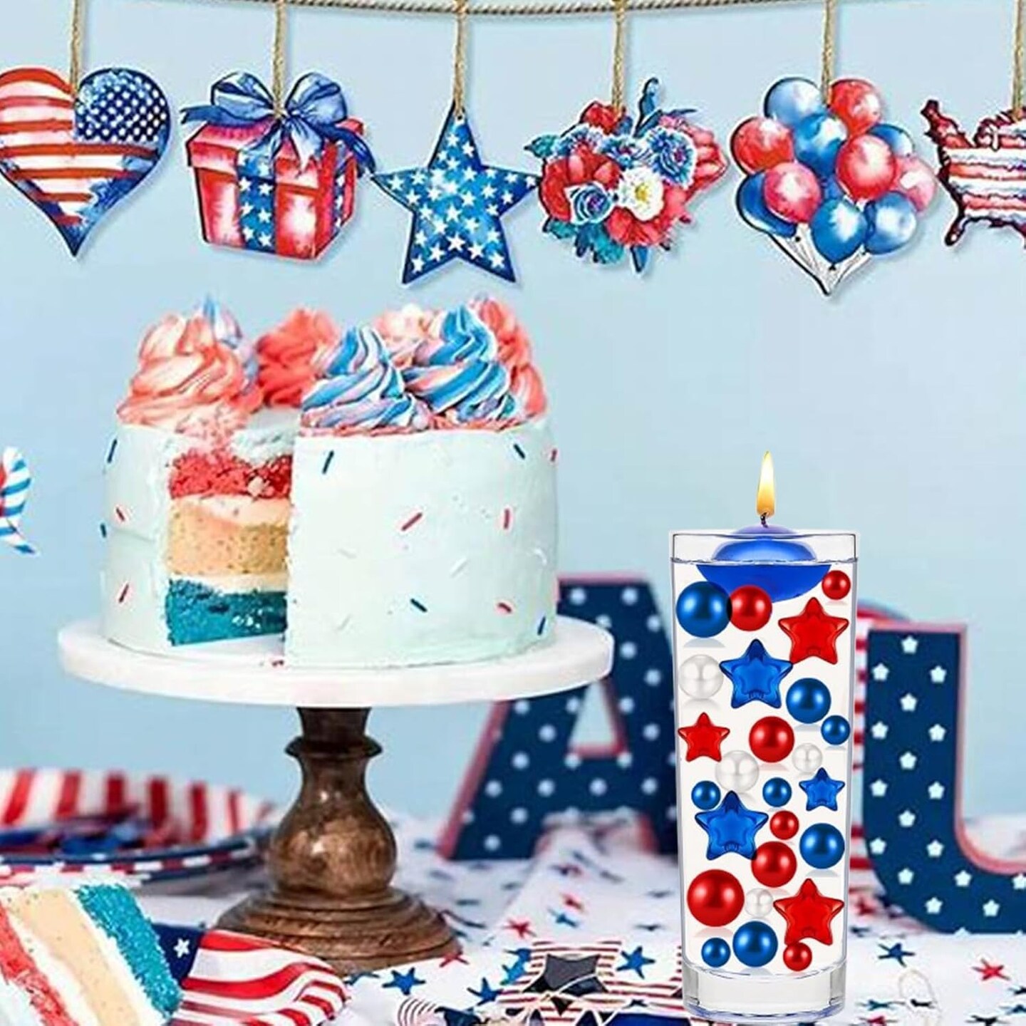162 Pieces Patriotic Vase Filler Set - Red, White, and Blue Beads Blue Red Starsfor Vase Candles