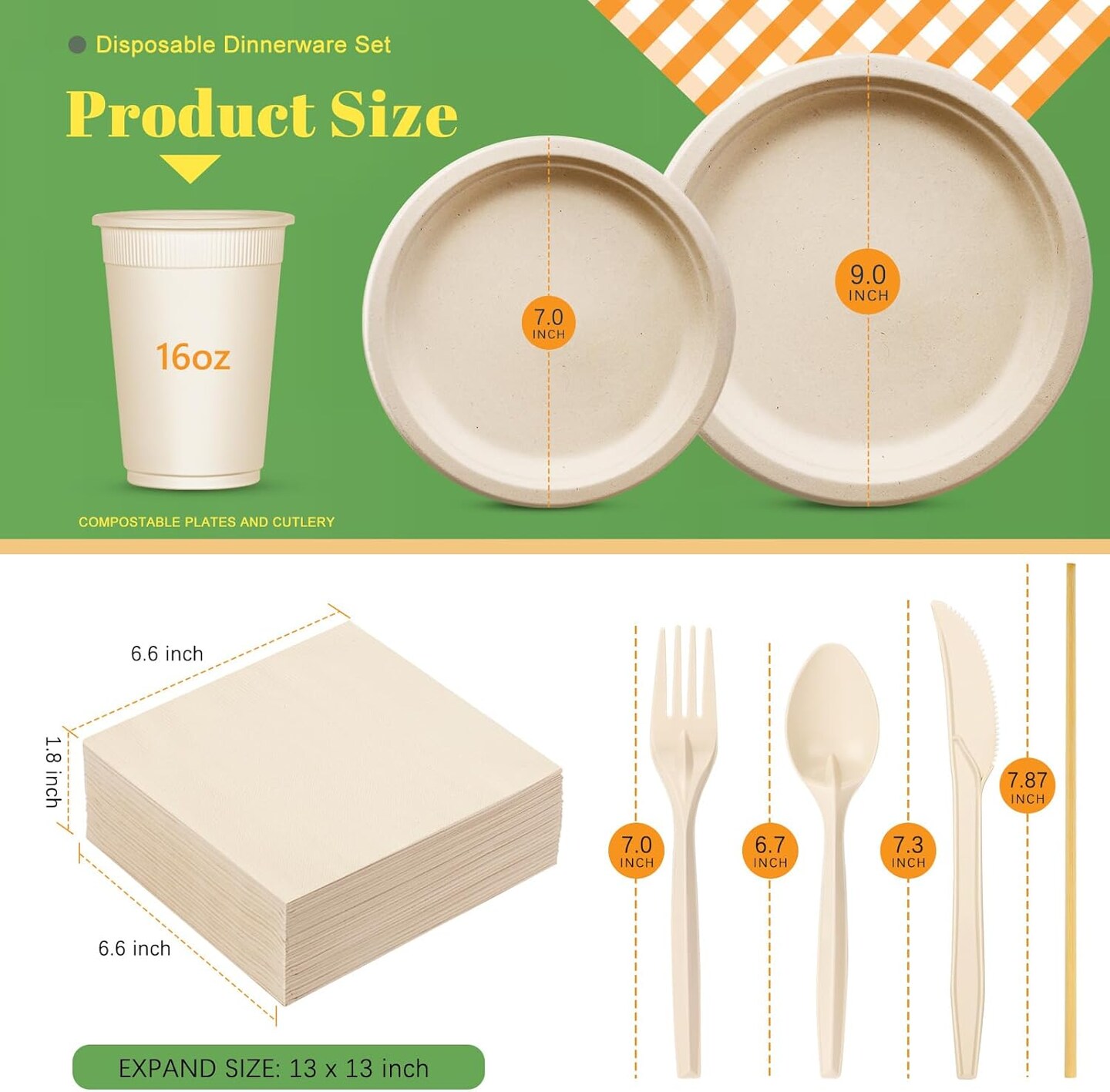 400pcs Compostable Paper Plates Set Eco-friendly Heavy-duty Disposable Paper Plates Cutlery Includes Biodegradable Plate, Forks, Knives, Spoons, Cups and Straws for Wedding Party