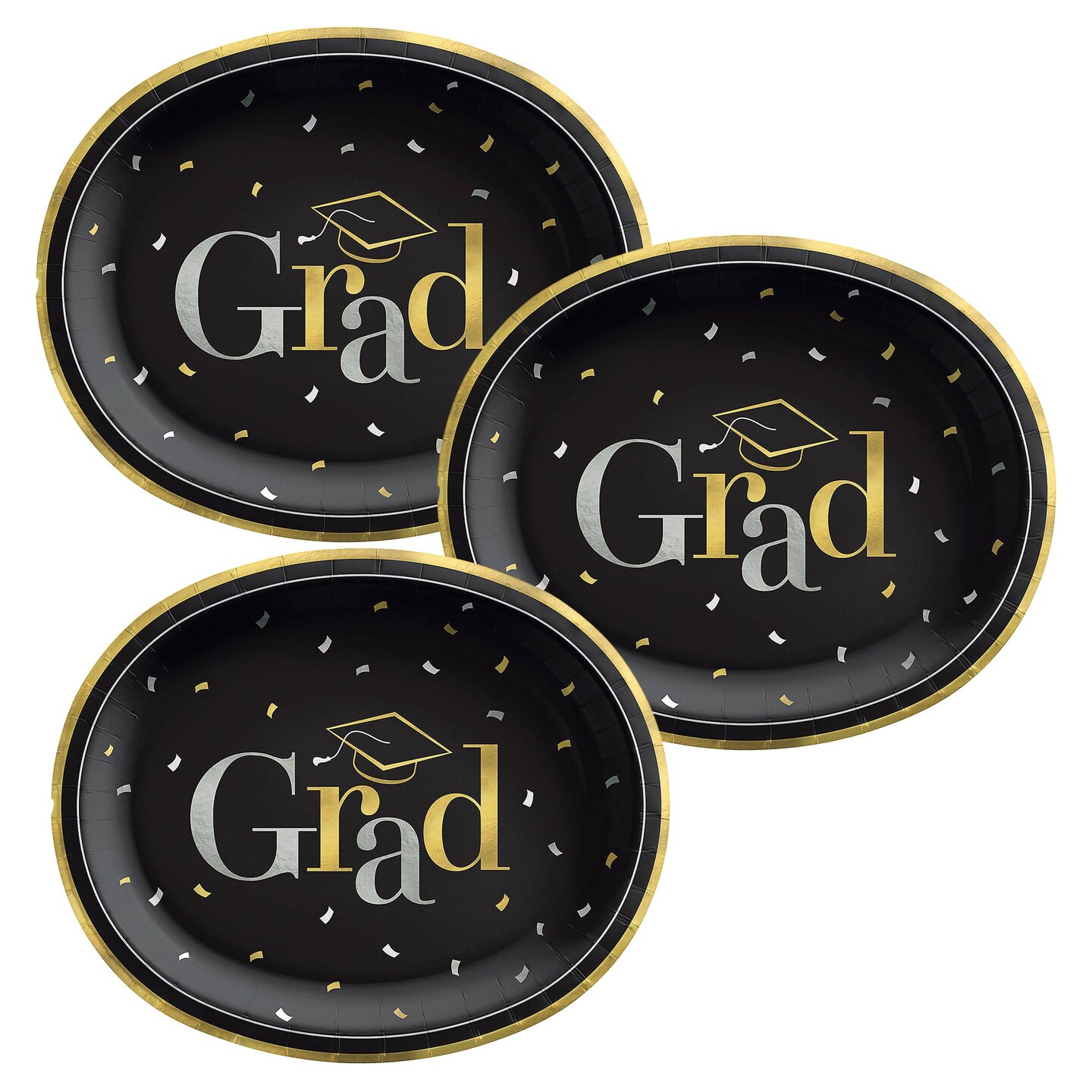 12" Black Grad Party Disposable Oval Paper Dinner Plates 20 Count