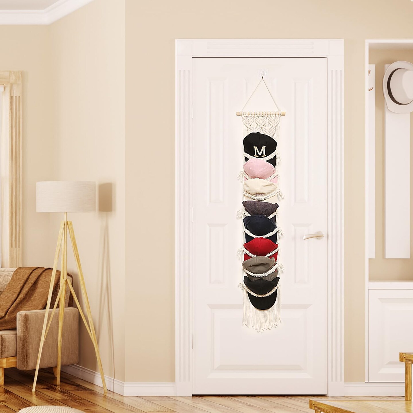 Baseball Cap Storage Over-the-Door – 1 Pack Boho Macramé Hat Organizer, Wall-Mounted Cap Holder and Hanging Hat Rack for Bohemian Bedroom Décor