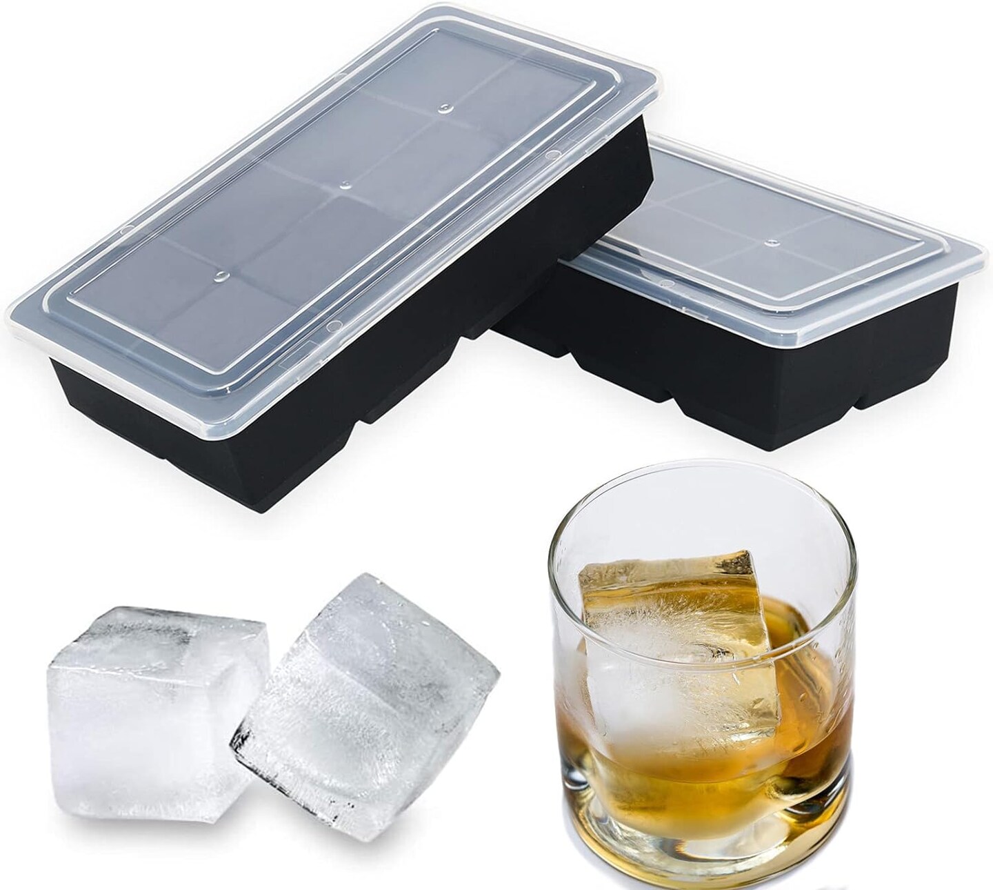 Large Ice Cube Tray for Whiskey,2 Pack Stackable Big Ice Cube Molds Make 16 Big Whiskey Ice Cubes,Easy Release Square Ice Cube Maker for Cocktails,Whiskey,Soups and Frozen Treats