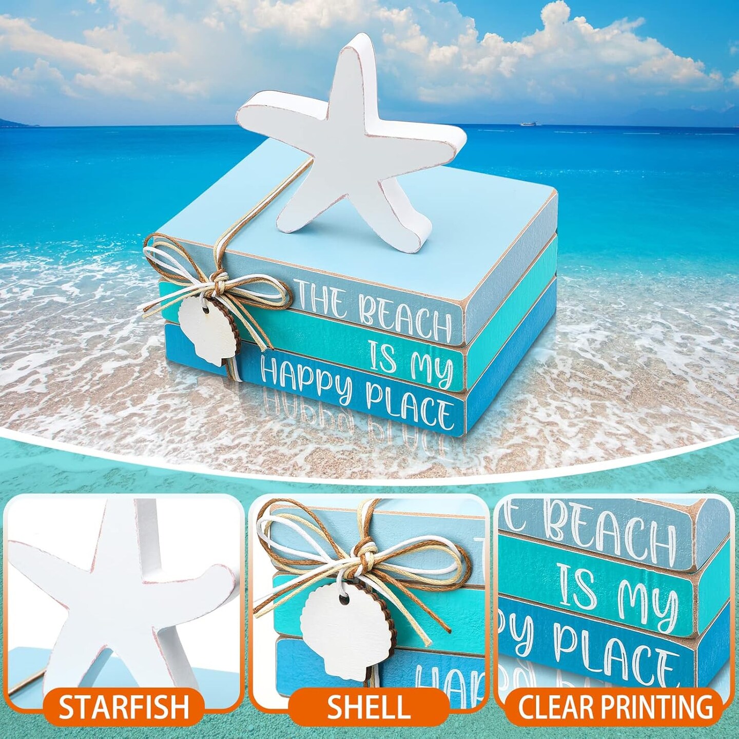 4 Pcs Starfish Shell Beach Tabletop Beach Blue Wooden Book Decor Wood Stacked Book Table Centerpiece for Summer Rustic Farmhouse Home Living Room Decorative(Starfish Shell)