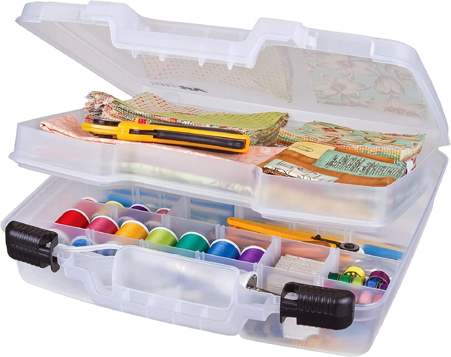 6962AB Quick View Deep Base Carrying Case with Removable Dividers and Tray, Portable Art &#x26; Craft Storage Box, 15&#x22;, Clear