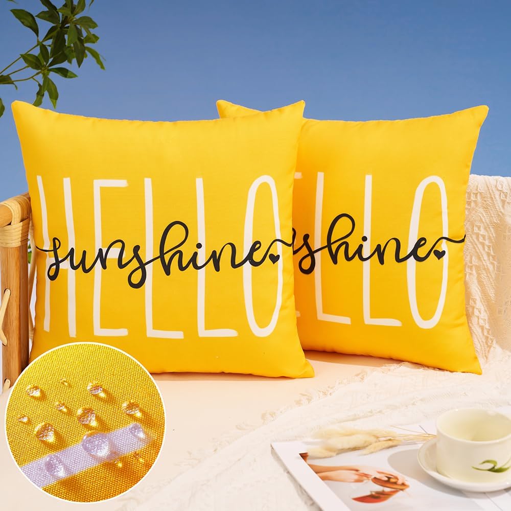 Outdoor Pillow Covers 18x18 Inch Set of 2 Hello Sunshine Decor Yellow Waterproof Throw Pillow Covers Summer Outdoor Waterproof Pillow Covers Decor