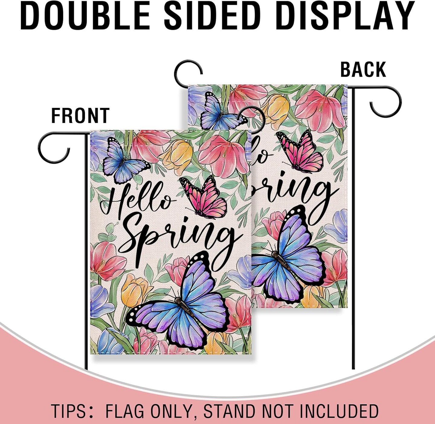 Hello Spring Butterfly Flower Small Decorative Garden Flag, Tulip Floral Eucalyptus Leaves Yard Lawn Outside Decor